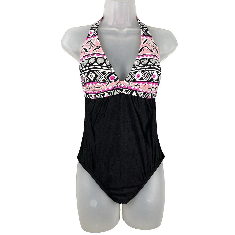 Venus Geometric Pink/Black One-Piece Halter Swimsuit Women's 10 Aztec Tribal